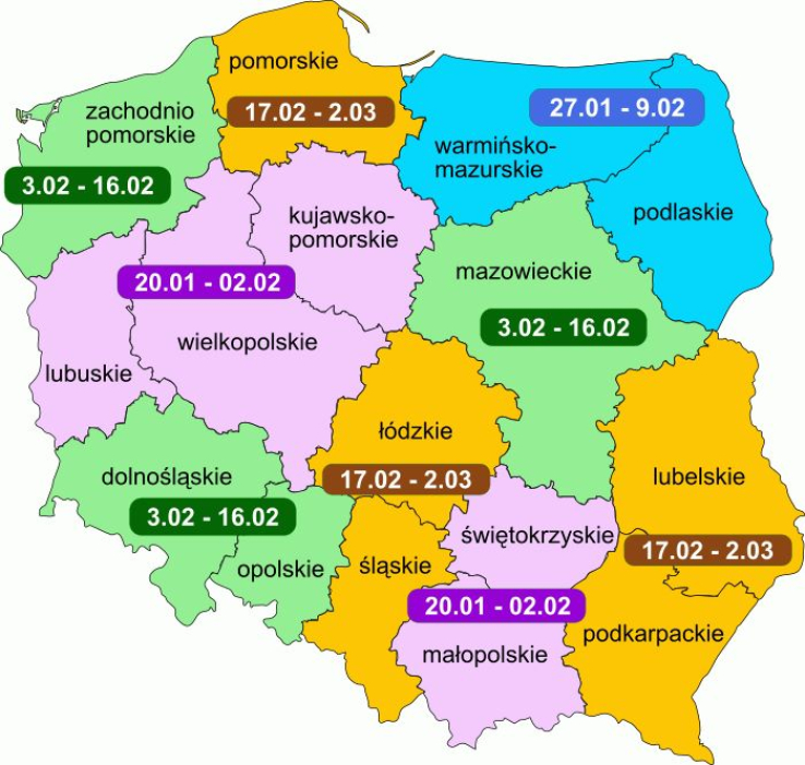 mapa Polski ferie 2025 700px